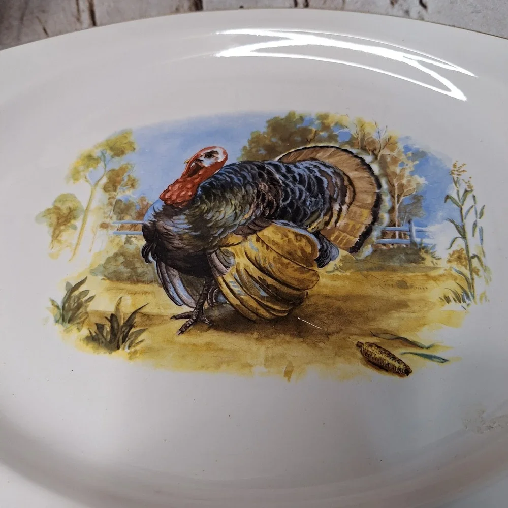 Vintage Kenilworth USA Turkey Serving Platter Thanksgiving Oval Gold Rim 15x11in